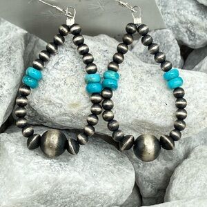 Sterling Silver Navajo Pearl Turquoise Dangle Earrings 2” Southwest Style